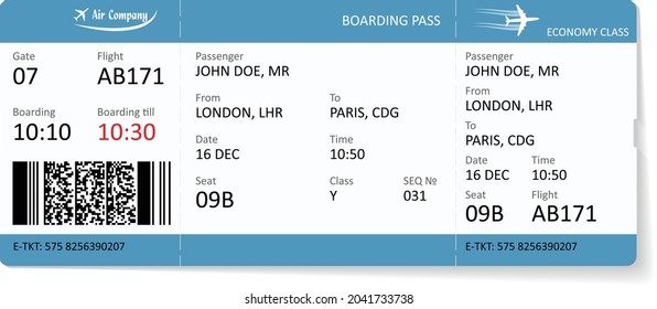 Vector template of airline boarding pass ticket. Passenger has to need a boarding pass ticket for travel by plane.