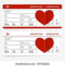 Vector template of airline boarding pass tickets with heart