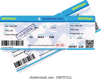 Vector template of an airline boarding pass ticket for traveling by plane.