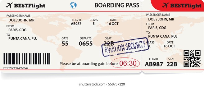 Vector template of an airline boarding pass ticket for traveling by plane.