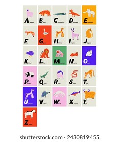 Vector template alphabet cards or print with cartoon colorful animals illustration. English alphabet with capital letters. ABC book symbols for kids