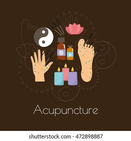 vector template alternative medicine, acupuncture. hand, foot, needles, candles, oil, lotus.  use web site, flyers, design business card.
