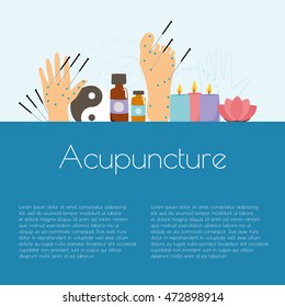 vector template alternative medicine, acupuncture. hand, foot, needles, candles, oil, lotus.  use web site, flyers, design business card.