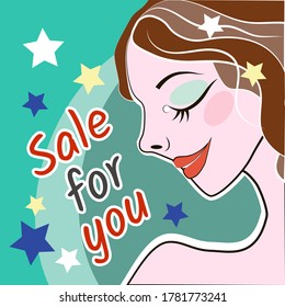 Vector template of announcement of discounts for you, vector portrait of a girl with closed eyes, enjoying the upcoming sales, sale message for women, blank for advertising