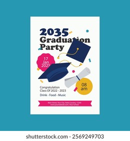 Vector template of announcement or invitation to graduation ceremony or party with unusually realistic image of graduation cap and diploma. There is a place for your text.