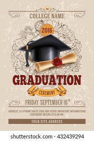 Vector template of announcement or invitation to Graduation ceremony or party with unusual realistic image of Graduation cap and diploma. There is place for your text.