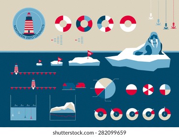 Vector template for any info graphics in nordic style. Lighthouses and whales