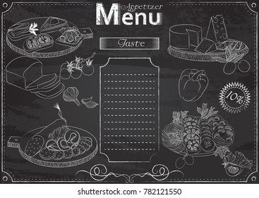 Vector template with appetizer elements for menu stylized as chalk drawing on chalkboard.Design for a restaurant, cafe or bar