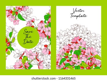 vector template with apple tree blossoms and leaves, floral wedding invitation, label or gift card, hand drawn illustration