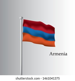 Vector template of Armenia flag on metallic pole. Waving flag of Armenia on flagstaff- country symbol. Isolated illustration on white background.
