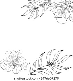 Vector template, arrangement with Hibiskus bouquet with palm leaves. Bright flower, Tropical botanic illustration. Summer exotic, elegant flora. Black silhouette for circuit