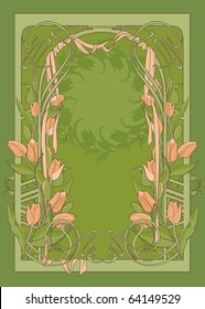 Vector template of art deco poster with tulips and ribbon.