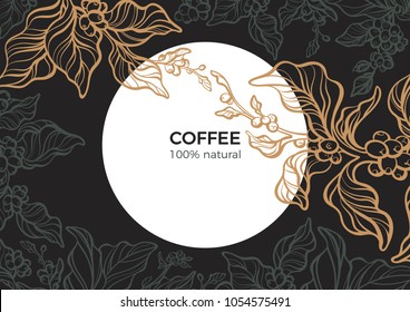 Vector template of art line coffee branch with leaf, natural bean. Sketch vintage style. Night, moon, garden. Graphic food, organic drink. Retro illustration for cafe, menu, packing, floral background