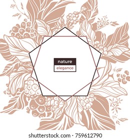 Vector template with art line frame of branch, leaves, flowers. Nature card with realistic coffee beans. Floral wreath in circle. Simple design with geometric border of hexagonal. Organic food. Text