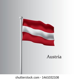 Vector template of Austria flag on metallic pole. Waving flag of Austria on flagstaff- country symbol. Isolated illustration on white background.