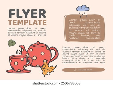 Vector template with autumn design for flyer, advertisement, announcement. Simple flat design with cup, teapot and autumn leaves