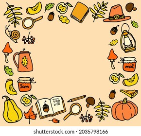 Vector template of autumn icons in yellow-orange tones. Hand-drawn frame in the style of doodle autumn food, pumpkin, leaves, mushrooms and acorns, hats, book, lantern, magnifying glass with an empty 