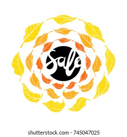 Vector template of autumn leaves on white background. Sale logo in circle. Color symbol for your design with lettering. Silhouette, art style. Poster, card, label, banner illustration. Eps.10 