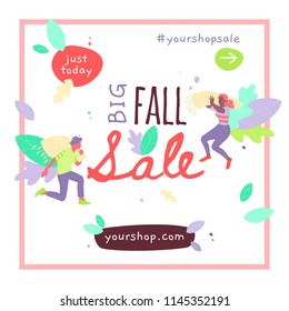 Vector template of Autumn Sale banner design with two people carrying sheaves of wheat. Square format.