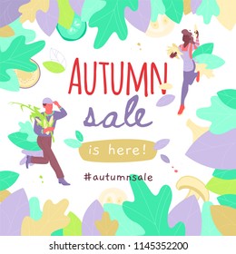 Vector template of Autumn Sale banner design with two people harvesting corn. Square format. 
