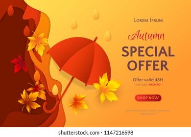 Vector template of autumn sale banner with 3D realistic paper cutout of red umbrella, maple leaves and rain drops on the orange background. For design of flyer with discount offers in the fall season.