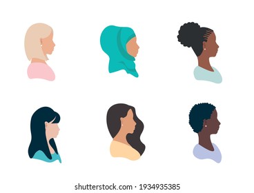 Vector template of avatars profile of girls of different nationalities and cultures isolated on white background. European, African American, Asian, Muslim.