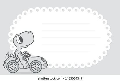 Vector template, baby invitation card with cartoon little dino. Grey background.
