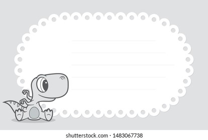 Vector template, baby invitation card with cartoon little dino. Grey background.
