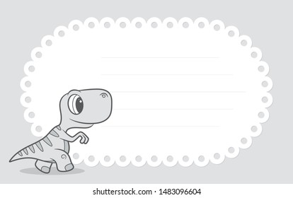 Vector template, baby invitation card with cartoon little dino. Grey background.