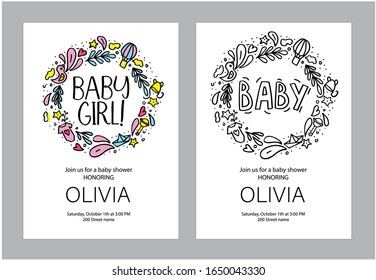 Vector template for baby shower. Concept in doodle hand drawn style. It can be used for poster,  postcard, flyer and other design.
