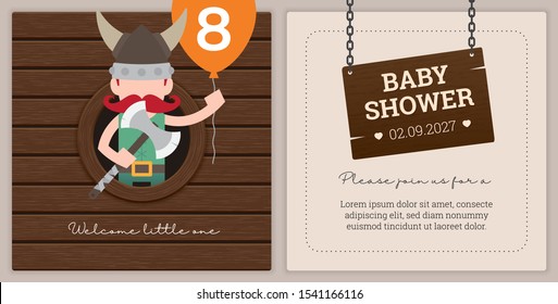 Vector template baby shower invitation card with little cartoon viking. Brown background and sample text.
