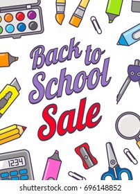 Vector template of back to school sale. School stationery icons and text. Sale poster concept in flat design style.