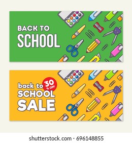 Vector template of back to school sale. School stationery icons and text. Sale poster concept in flat design style.