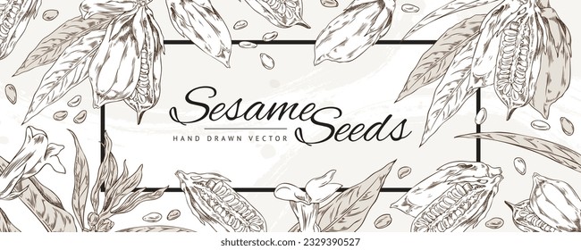 Vector template background design with outline sketch drawing sesame plant with leaves, capsules, seeds and flowers. Engraving hand drawn flyer illustration with lettering and watercolor stain
