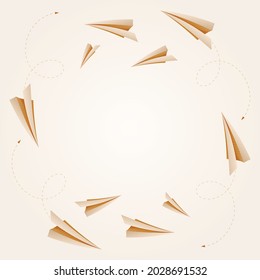 Vector template for background with frame from origami paper planes. Flight and travel concept, dotted line route.