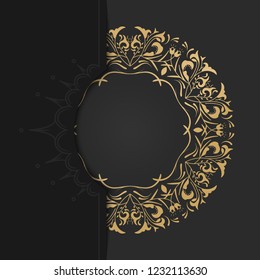 Vector template background with round ornament elements with gold color isolated in dark color background with backdrop papercut. Mandala art template background for decorative banner, cover, and card