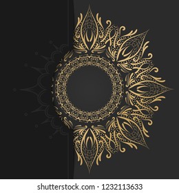 Vector template background with round ornament elements with gold color isolated in dark color background with backdrop papercut. Mandala art template background for decorative banner, cover, and card