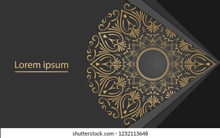 Vector template background with round ornament elements with gold color isolated in dark color background with backdrop papercut. Mandala art template background for decorative banner, cover, and card