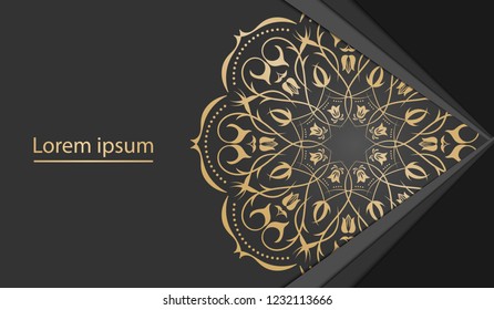 Vector template background with round ornament elements with gold color isolated in dark color background with backdrop papercut. Mandala art template background for decorative banner, cover, and card