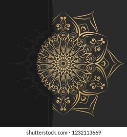 Vector template background with round ornament elements with gold color isolated in dark color background with backdrop papercut. Mandala art template background for decorative banner, cover, and card