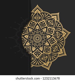 Vector template background with round ornament elements with gold color isolated in dark color background with backdrop papercut. Mandala art template background for decorative banner, cover, and card