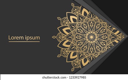 Vector template background with round ornament elements with gold color isolated in dark color background with backdrop papercut. Mandala art template background for decorative banner, poster 