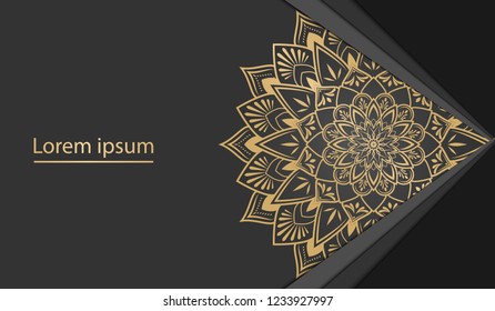 Vector template background with round ornament elements with gold color isolated in dark color background with backdrop papercut. Mandala art template background for decorative banner, poster 