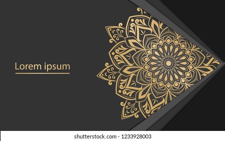 Vector template background with round ornament elements with gold color isolated in dark color background with backdrop papercut. Mandala art template background for decorative banner, poster 