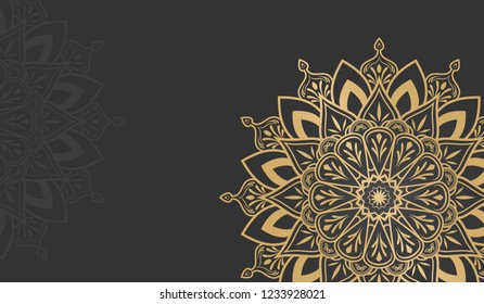 Vector template background with round ornament elements with gold color isolated in dark color background. Mandala art template background for decorative banner, poster 