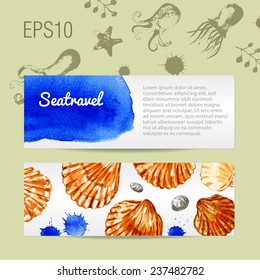 Vector template. Background with seashells and octopuses. Watercolor. Card. 