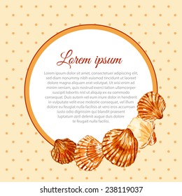 Vector template. Background with seashells. Watercolor. Card.  Round Frame.