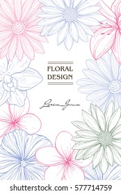Vector template background with space for text with hand sketches of different flowers. Linear silhouette illustration of lilies, daisies, orchids. Floral design