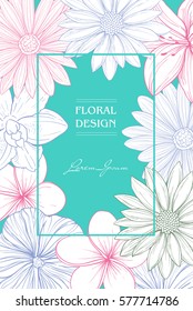 Vector template background with space for text with hand sketches of different flowers. Linear silhouette illustration of lilies, daisies, orchids. Floral design