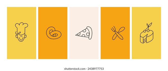 Vector template backgrounds or wallpapers for social media stories, cards, banners with linear icons or logos for bakery shop